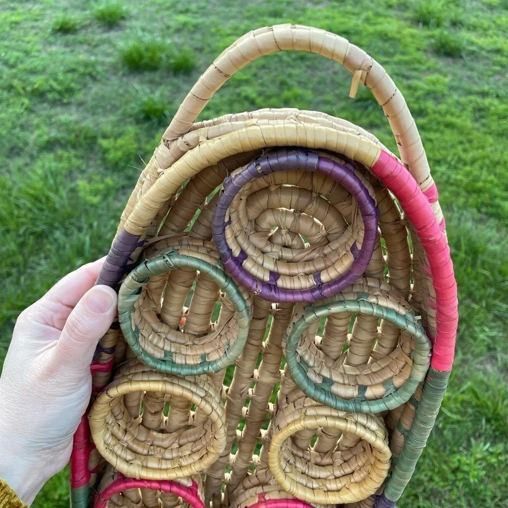 Wicker Woven Rattan Drink Caddy Holders Boho Barware Handles Colorful